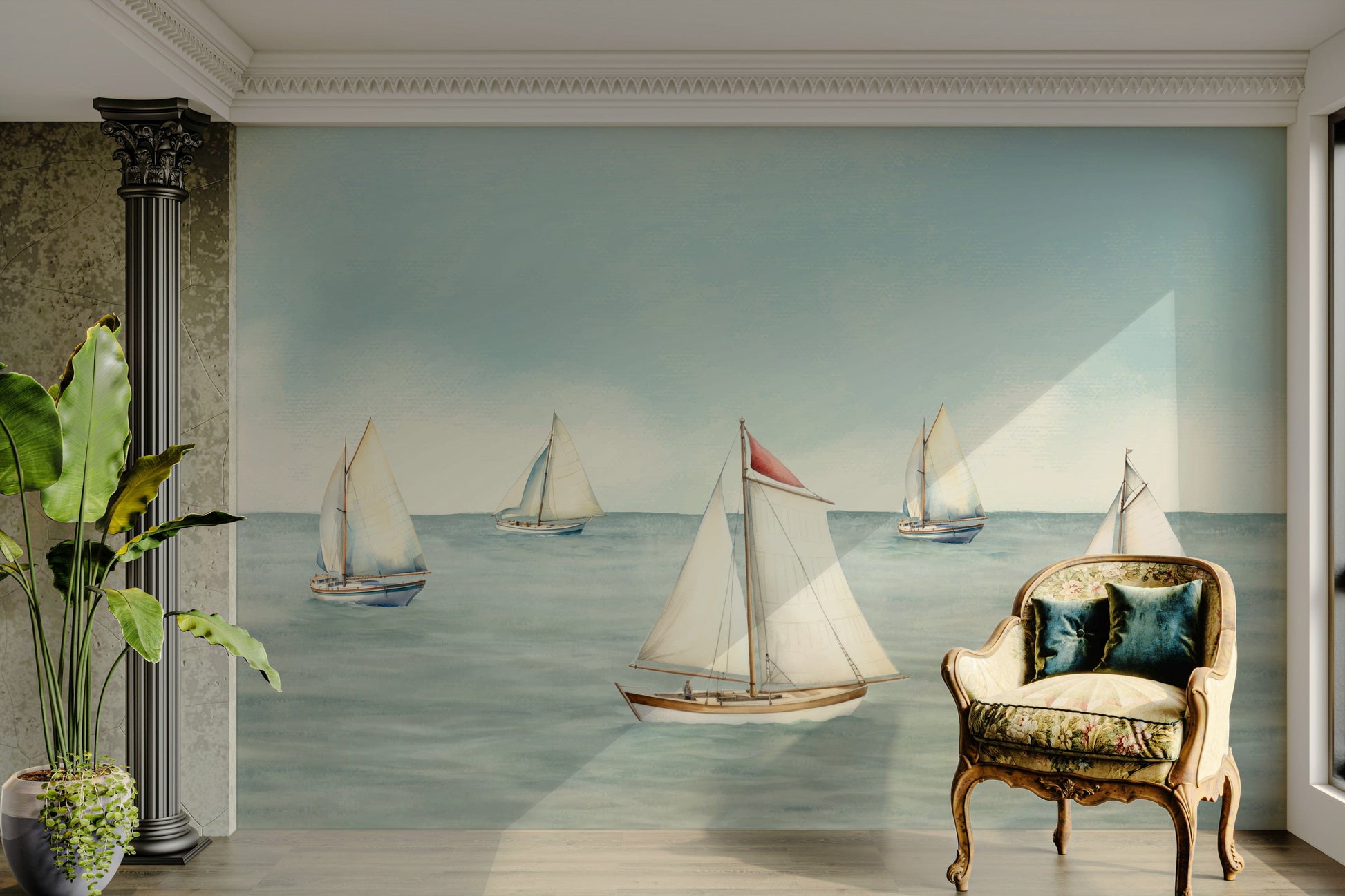 The design features a repeating pattern of soft, delicate sailboats and waves.

