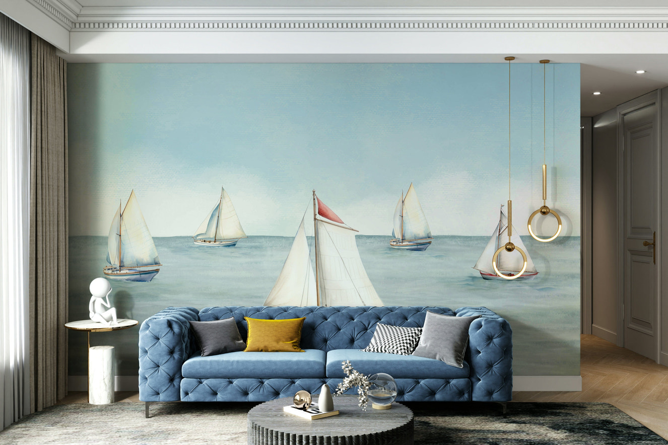 A peaceful wall mural with a whimsical, nautical design.

