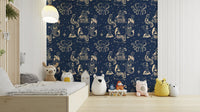 Retro ocean blue wallpaper with marine sketches

