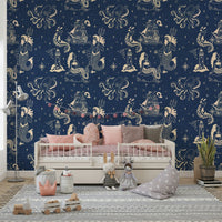Wallpaper with ships and mythical sea life
