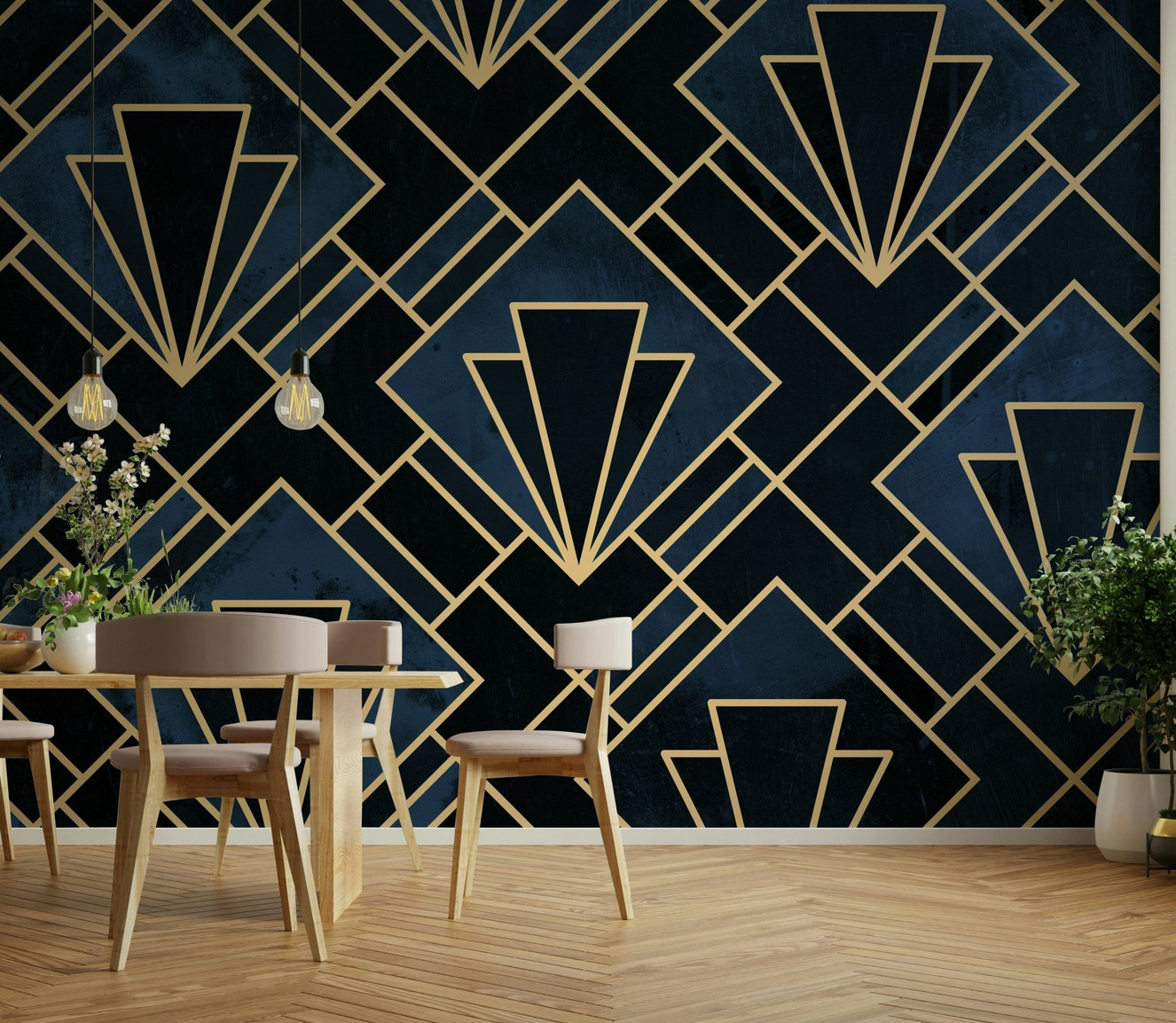 Bold Art Deco mosaic mural with navy blue and gold accents

