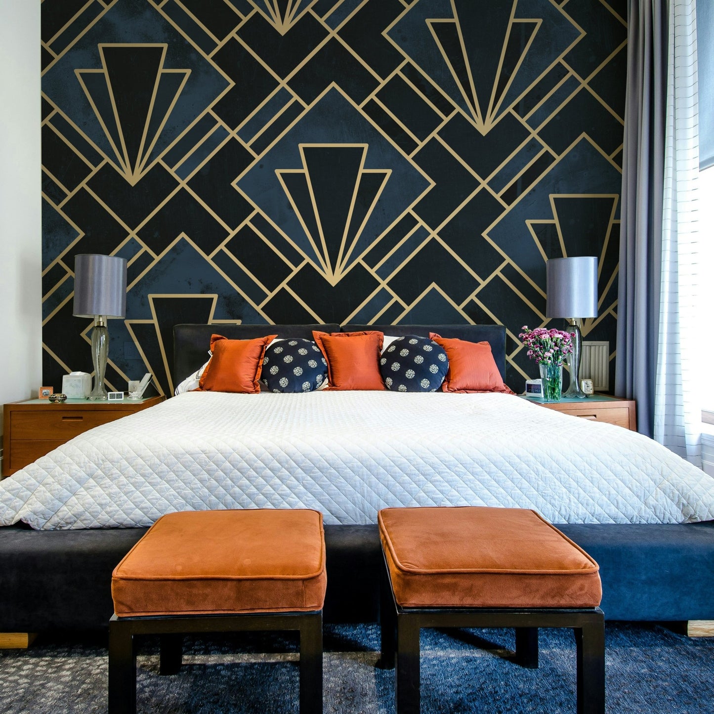 Elegant navy blue mosaic wall mural with geometric patterns

