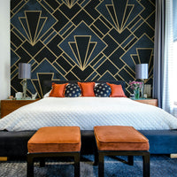 Elegant navy blue mosaic wall mural with geometric patterns

