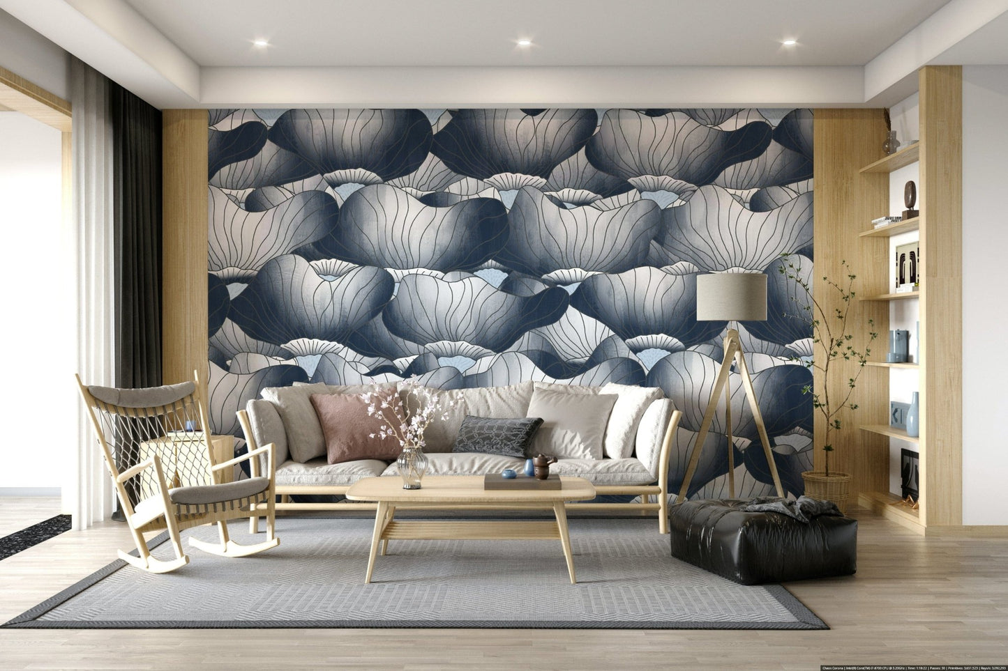 Navy Blue Botanical Bloom Waves wallpaper behind a cream sofa and wood rocking chair with a tripod floor lamp