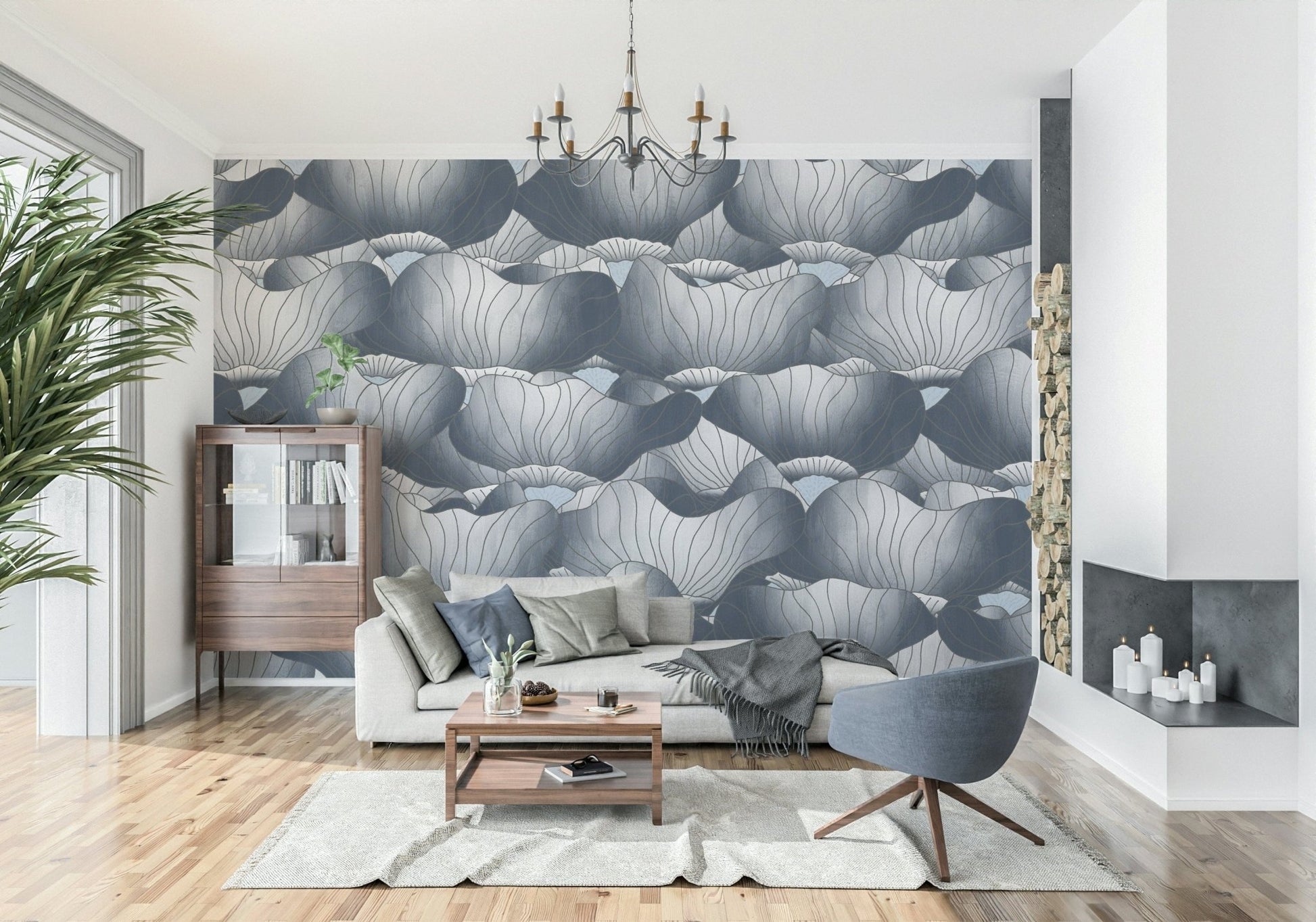 Navy Blue Botanical Bloom Waves wallpaper behind a grey sofa and blue swivel chair with a wood cabinet and chandelier