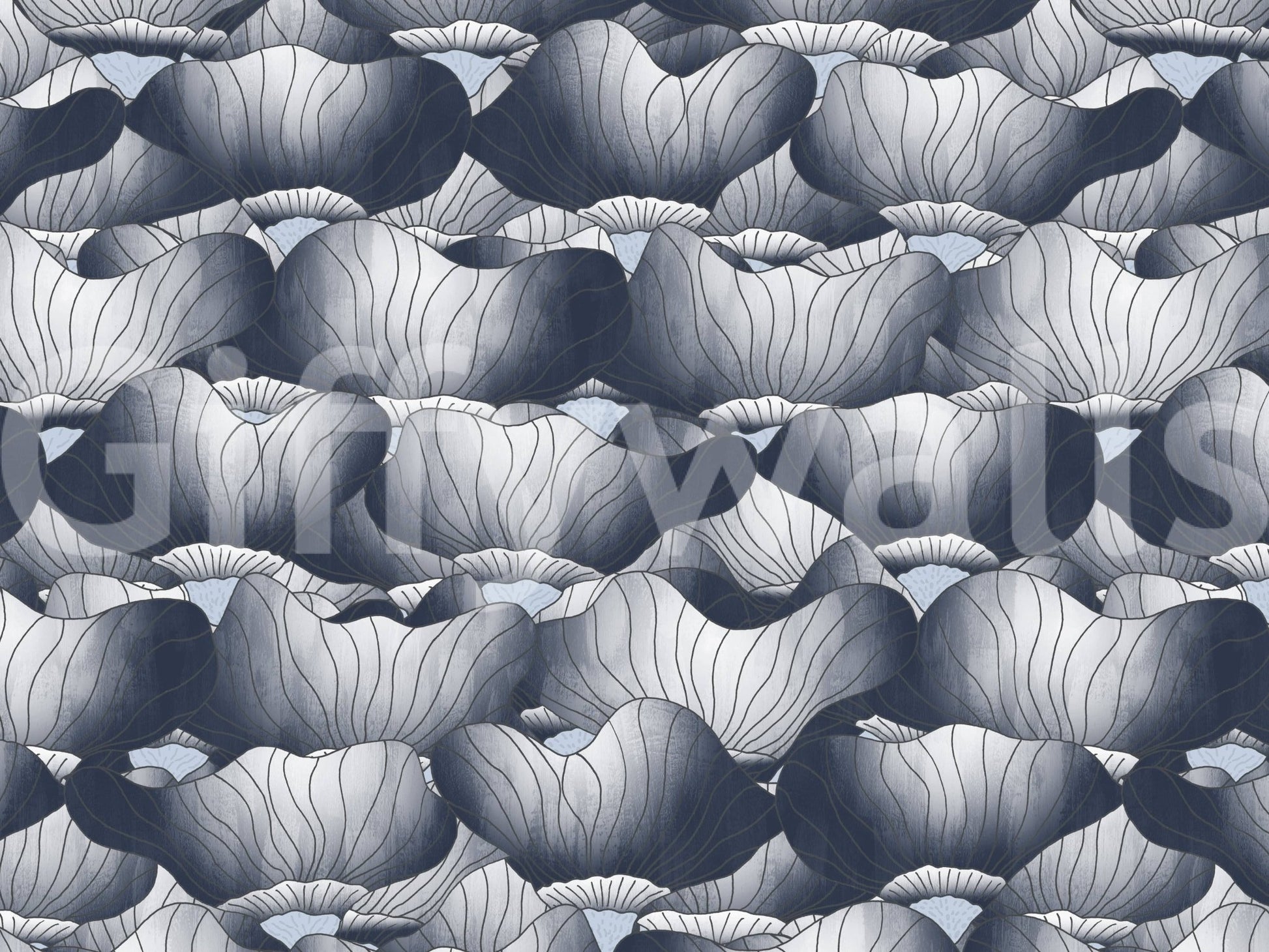 Navy Blue Botanical Bloom Waves wallpaper close-up showing inky navy and slate lotus blooms with fine line detail