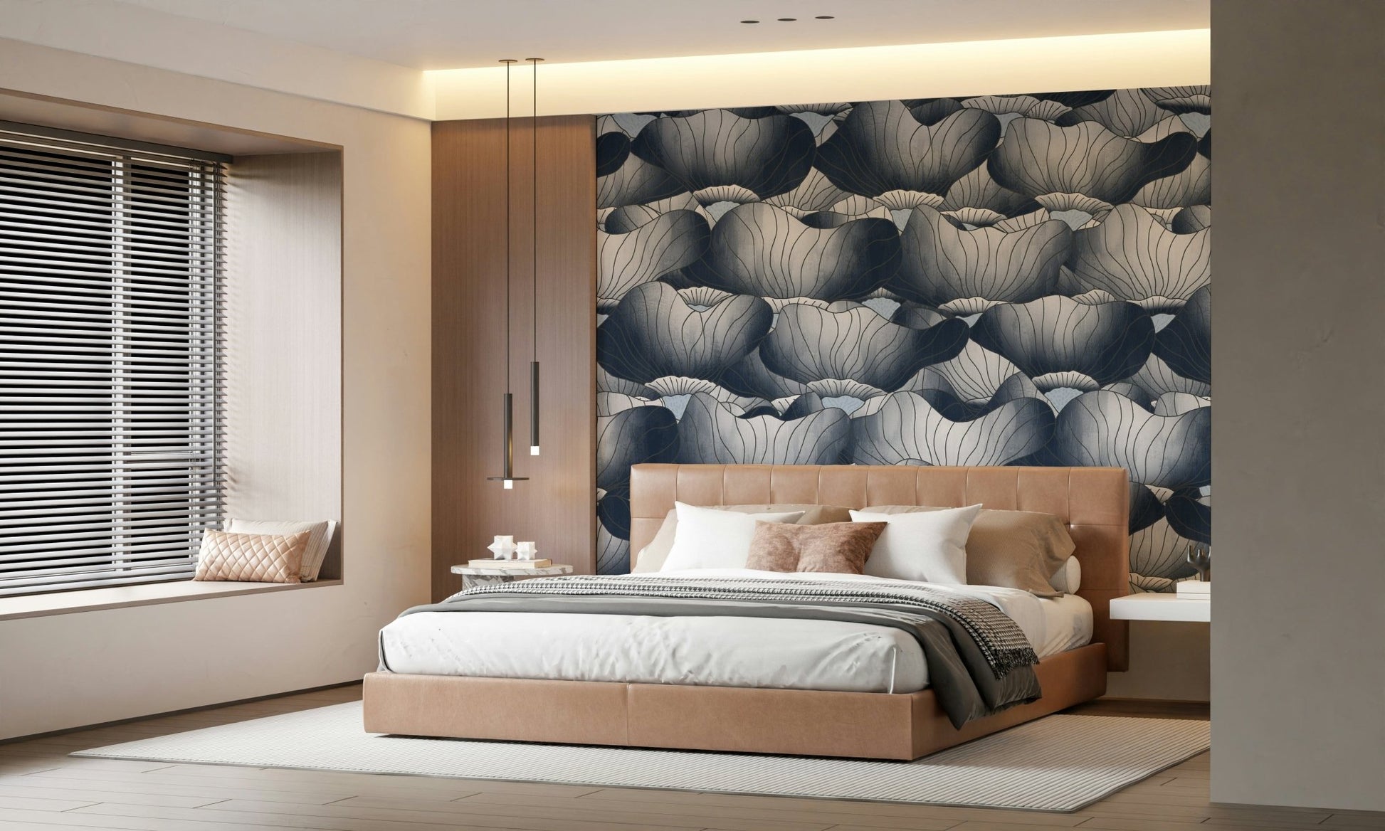 Navy Blue Botanical Bloom Waves wallpaper in navy and slate behind a tan leather bed with slim black pendant lights