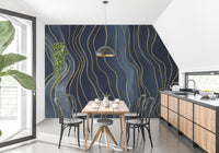 Navy Blue & Gold Chalk Lines wallpaper mural styled along a hallway feature wall near a console in blue tones