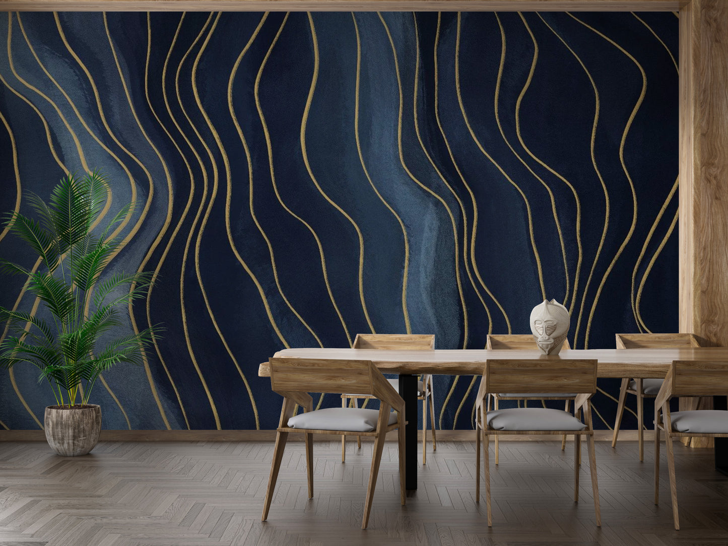 Navy Blue & Gold Chalk Lines wallpaper mural as a feature wall in a home office workspace in blue tones