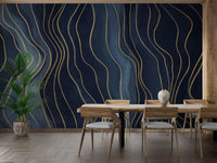 Navy Blue & Gold Chalk Lines wallpaper mural as a feature wall in a home office workspace in blue tones