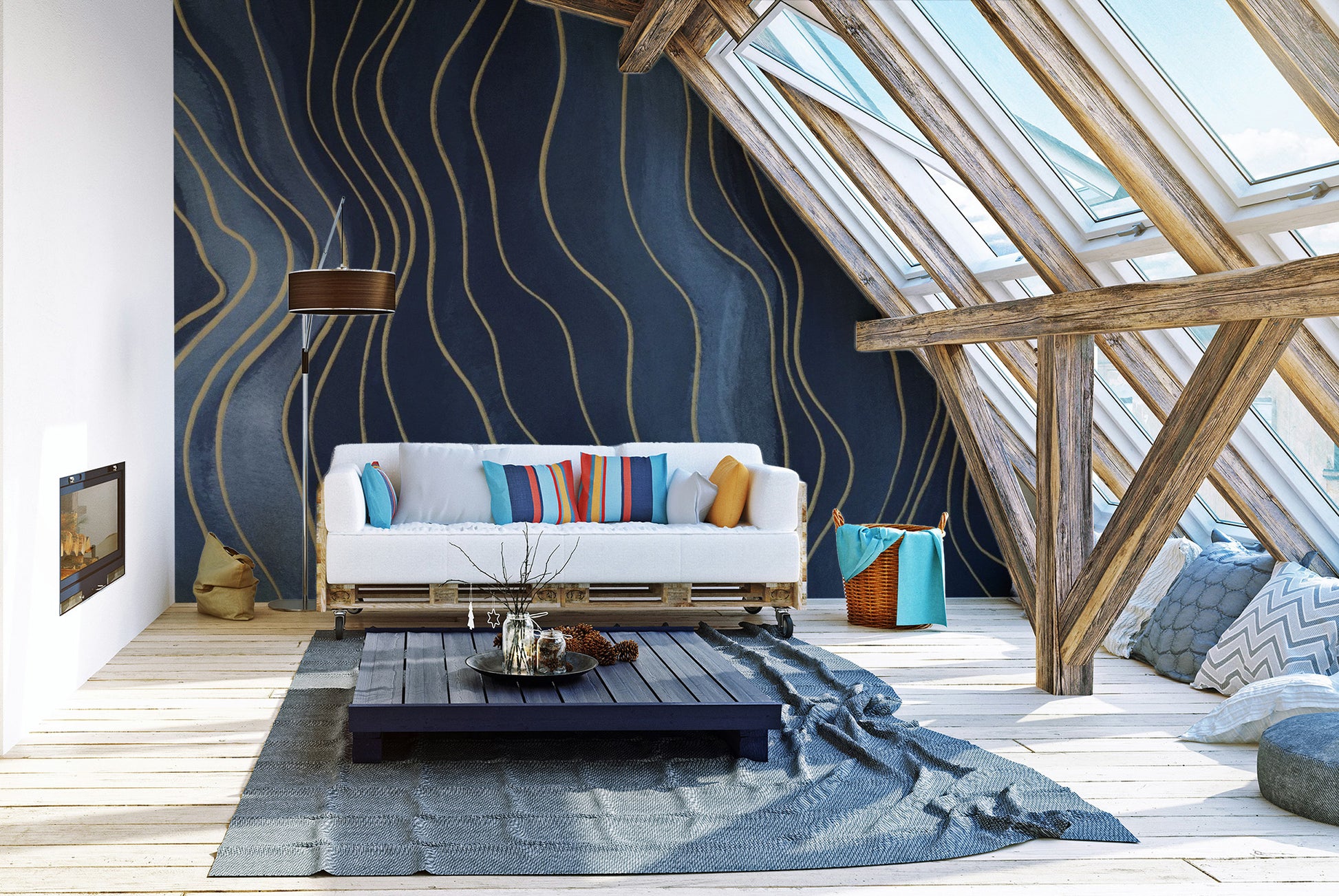 Navy Blue & Gold Chalk Lines wallpaper mural as a bedroom feature wall behind the headboard in blue tones