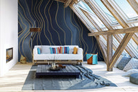 Navy Blue & Gold Chalk Lines wallpaper mural as a bedroom feature wall behind the headboard in blue tones
