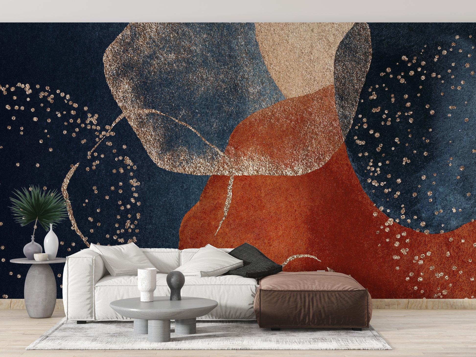 Navy Blue Terracotta Watercolor wallpaper mural styled along a hallway feature wall near a console in blue tones