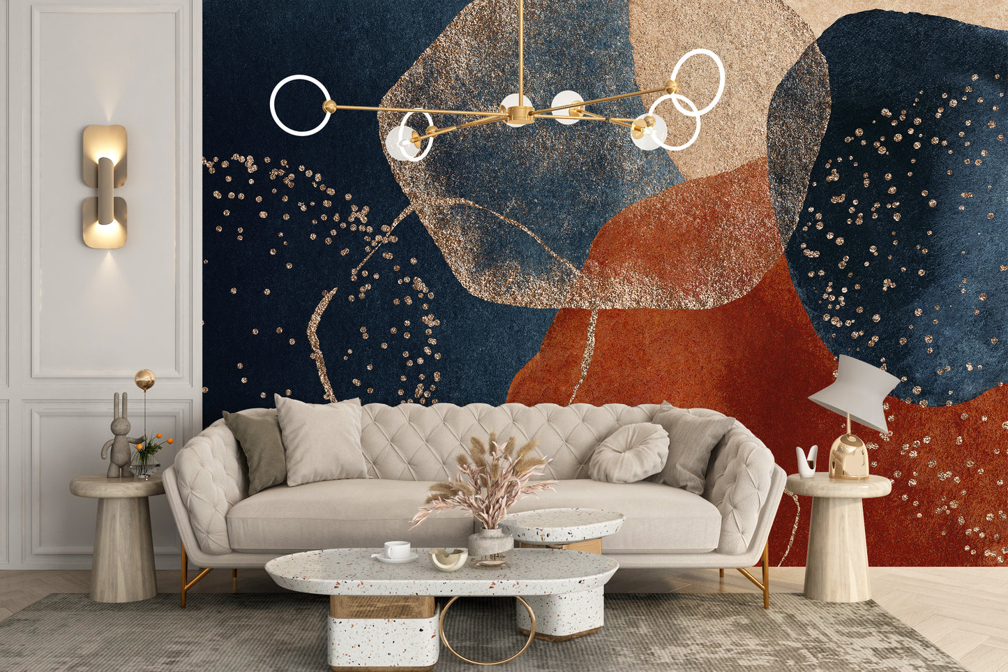 Navy Blue Terracotta Watercolor wallpaper mural as a feature wall in a home office workspace in blue tones