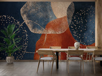 Navy Blue Terracotta Watercolor wallpaper mural styled as a feature wall behind a dining table and chairs in blue tones
