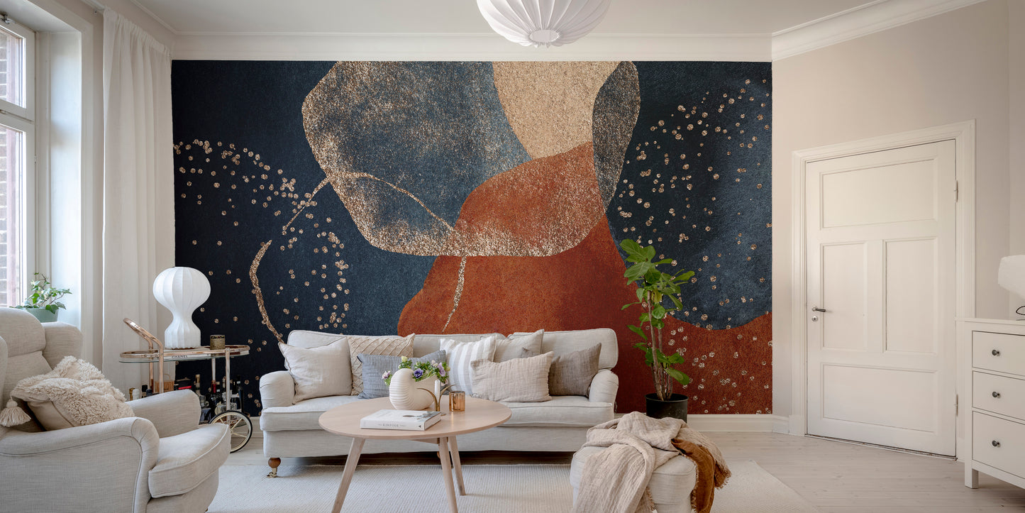 Navy Blue Terracotta Watercolor wallpaper mural as a bedroom feature wall behind the headboard in blue tones