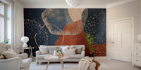 Navy Blue Terracotta Watercolor wallpaper mural as a bedroom feature wall behind the headboard in blue tones
