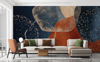 Navy Blue Terracotta Watercolor wallpaper mural styled as a living room feature wall behind a sofa and seating in blue tones