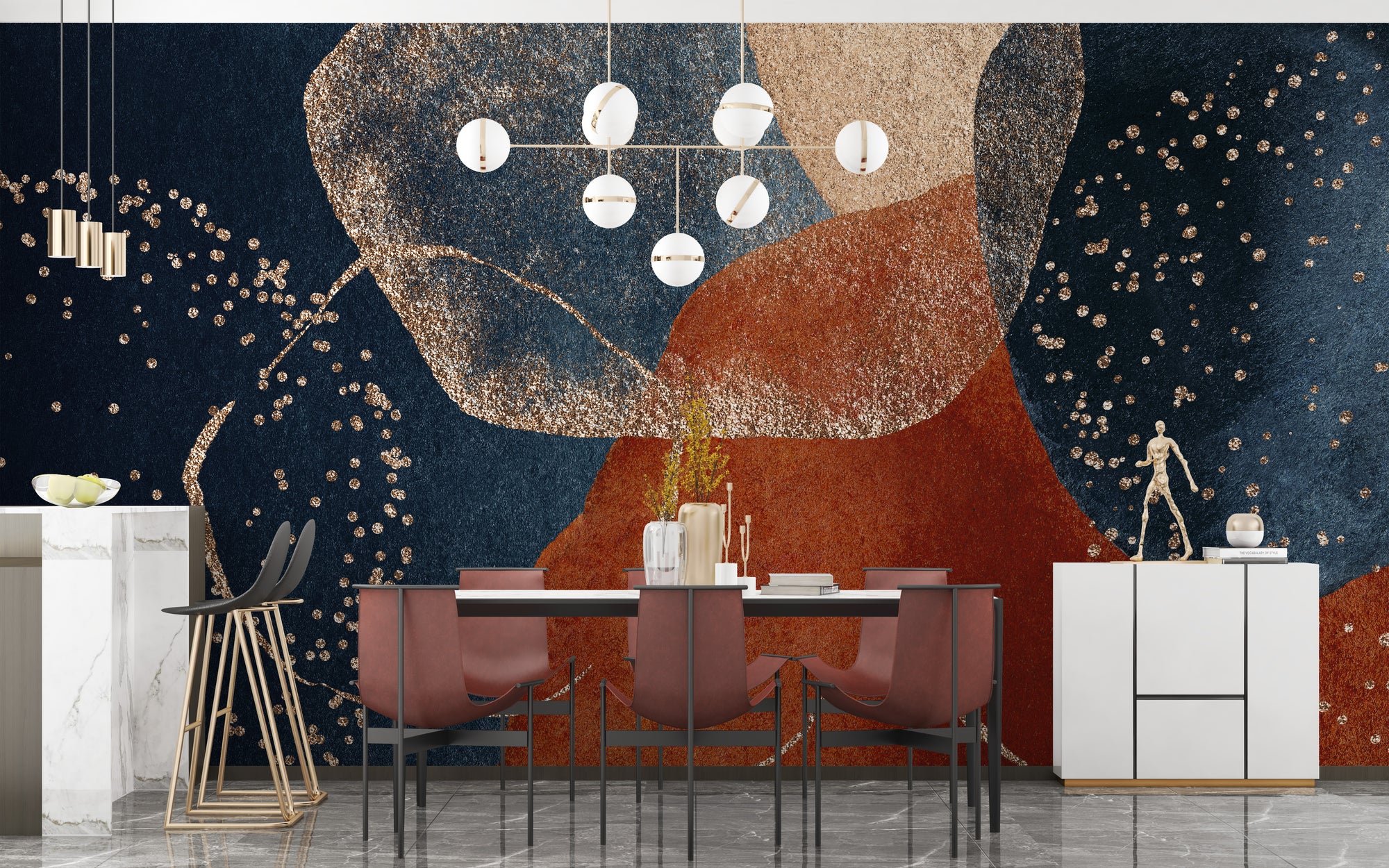 Navy Blue Terracotta Watercolor wallpaper mural shown as a full feature wall that highlights the design