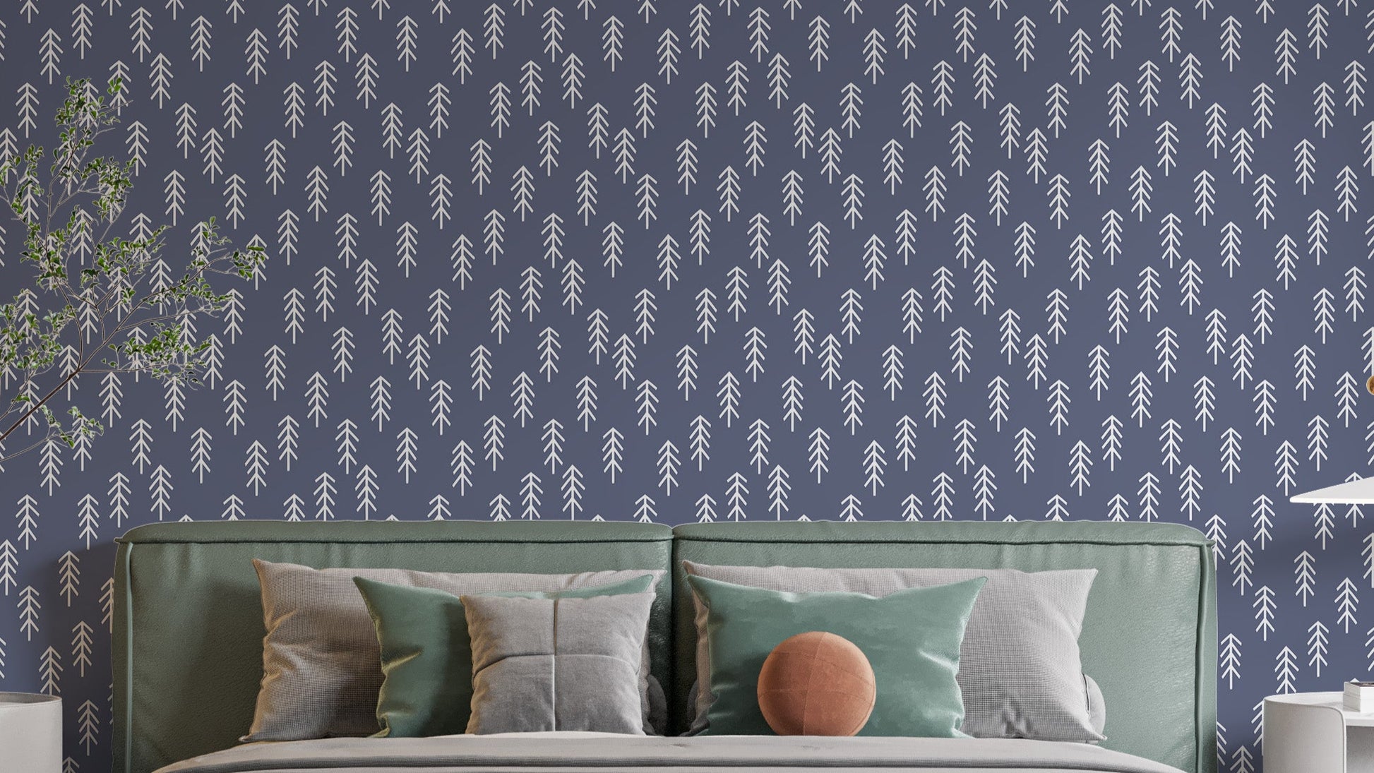 Navy and white pine tree wallpaper design