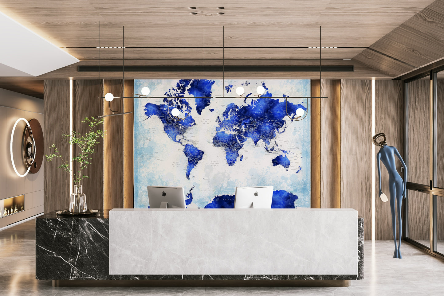Watercolor-style map mural in rich navy hues

