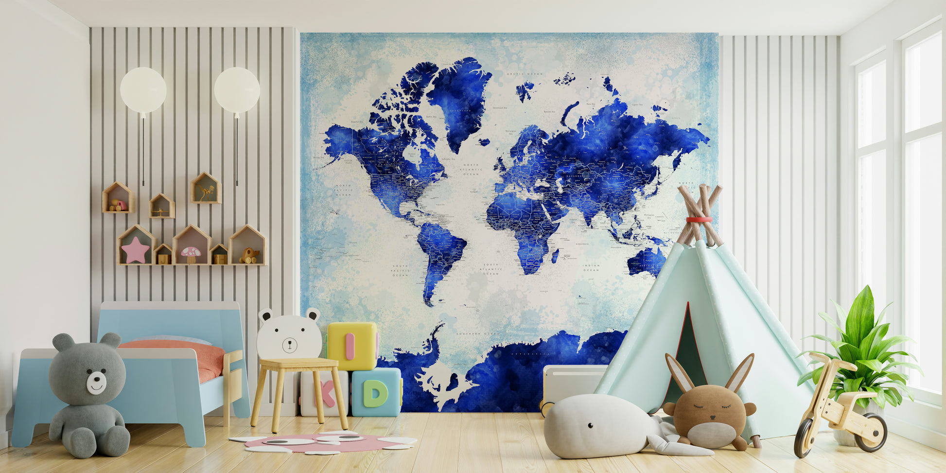Bold world map design in dark blue watercolor tones

