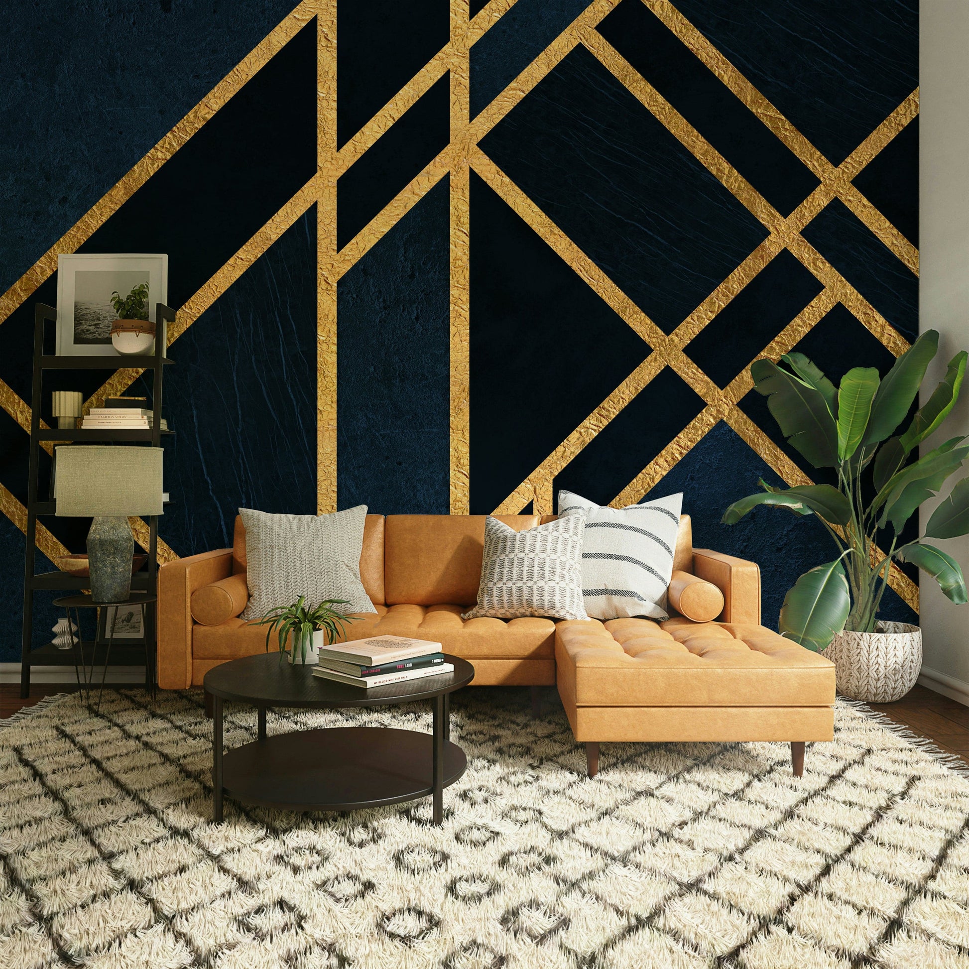 An artistic gold metallic mural on luxury wallpaper.

