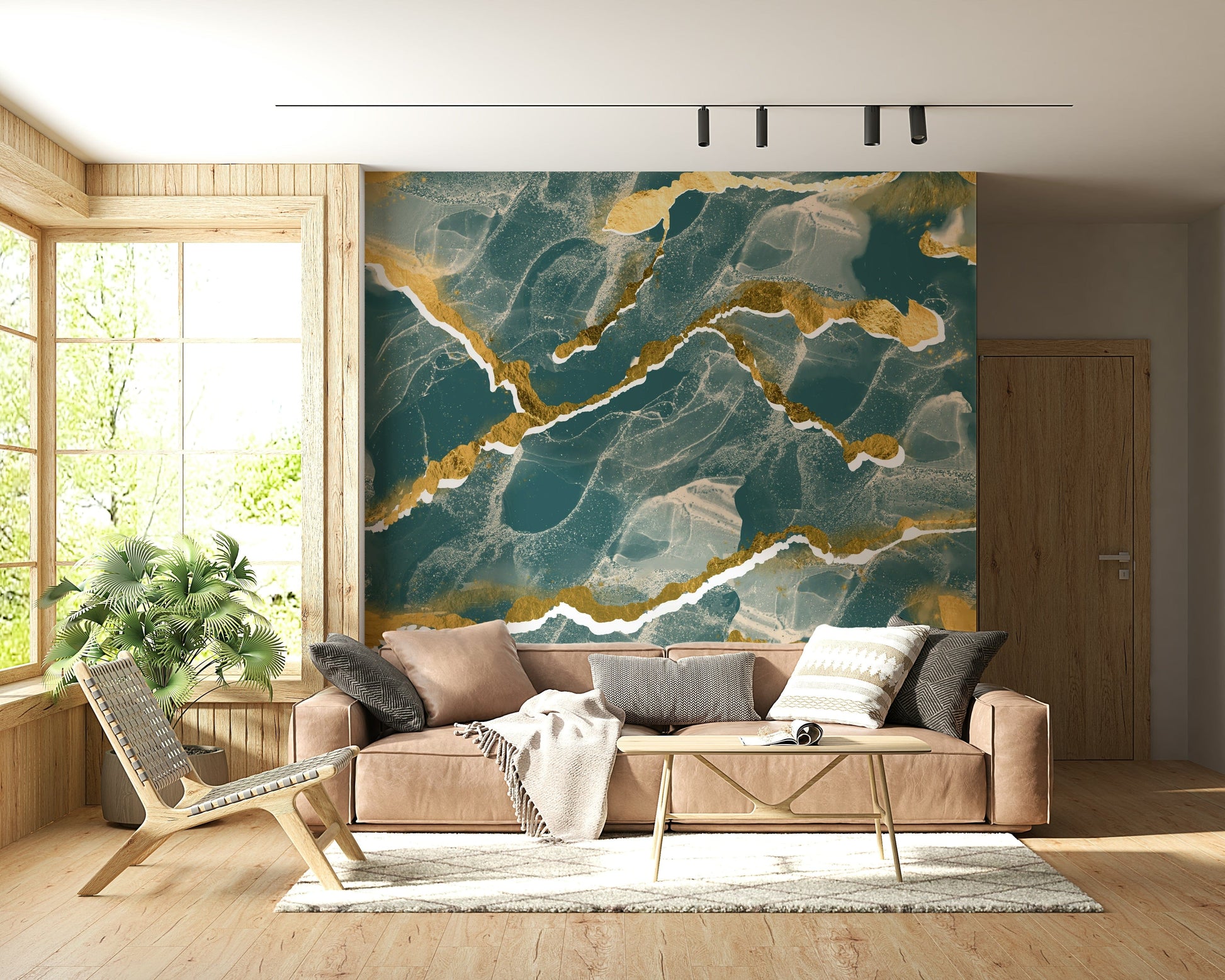 Elegant Marble Wallpaper in a deep lagoon hue, highlighted by sophisticated golden veins for a modern interior.