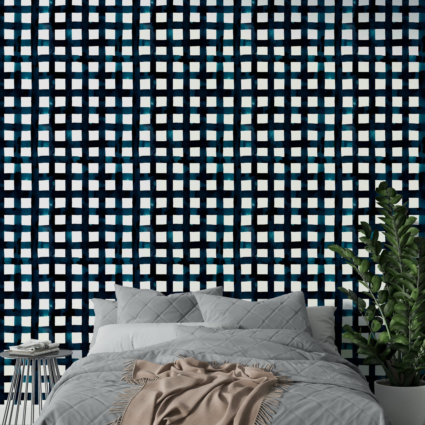 Grid-inspired geometric stripe wallpaper in navy

