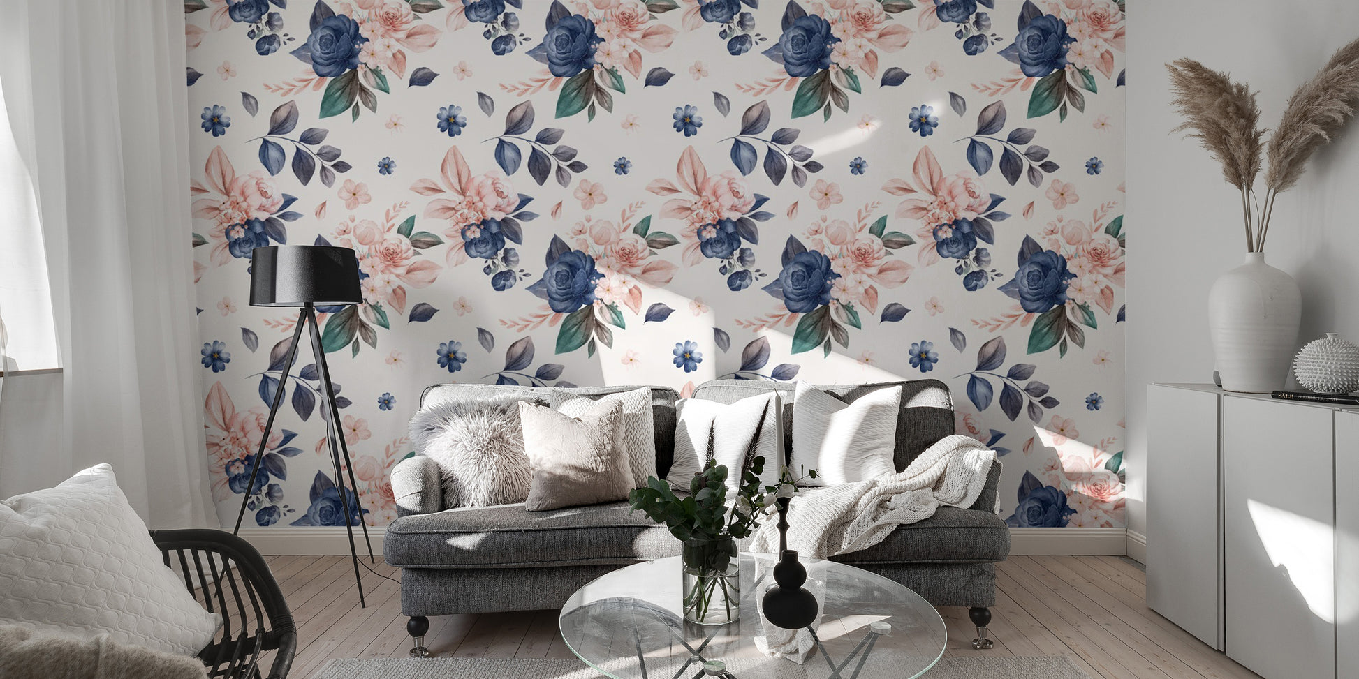 Floral wallpaper in navy and peach colors

