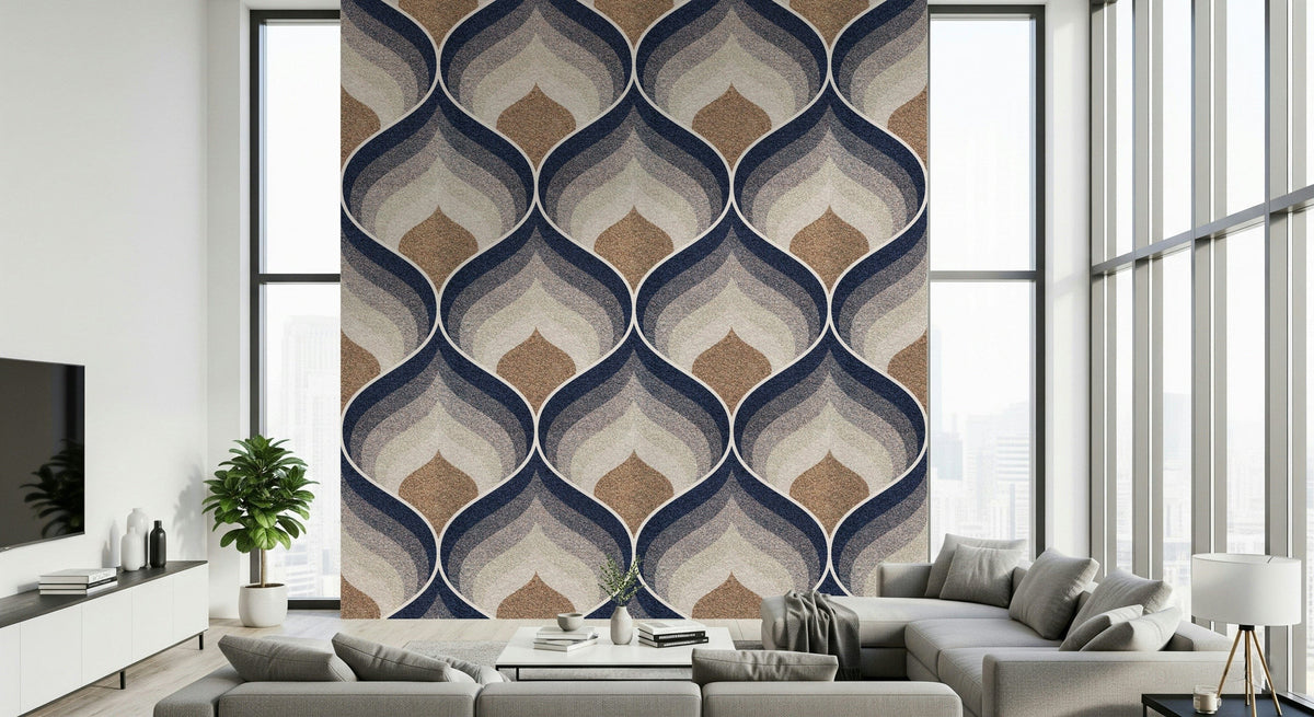 Decorative mural featuring artistic textures and modern geometric motifs.
