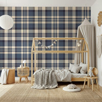 Navy Tartan Checks wallpaper in a kids room with a wooden house-frame bed, gray canopy and knit throw