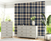 Navy Tartan Checks wallpaper combining traditional plaid charm with modern style.