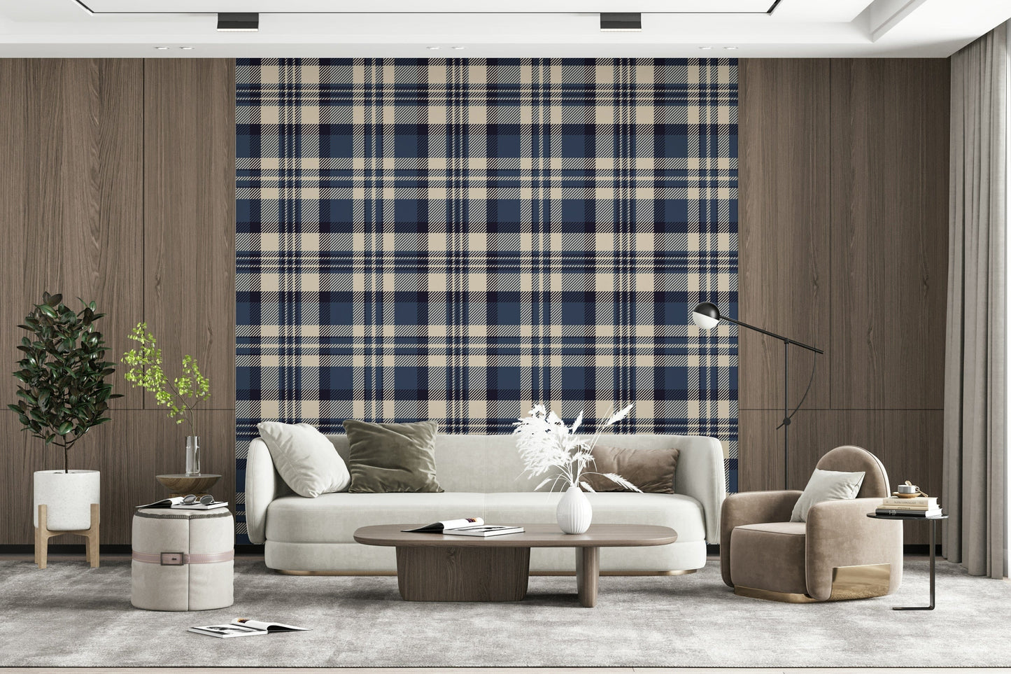 Elegant navy tartan wall covering with bold, geometric check patterns.
