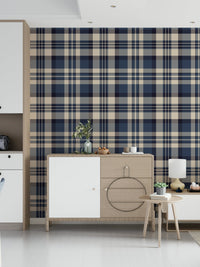 Navy checkered wallpaper featuring classic plaid design for bedrooms or living rooms.