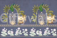 Office reception wall mural with arch motif, rich blue tones and neutral background, professional feature wall