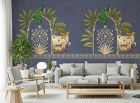 Reading corner mural with arch pattern, navy and beige tones, minimal modern styling for small spaces