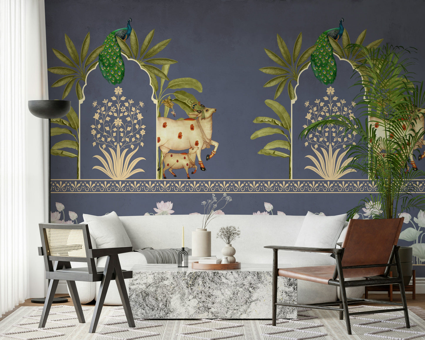 Home office accent wall mural with arch pattern, deep blue and warm neutrals, tidy desk backdrop