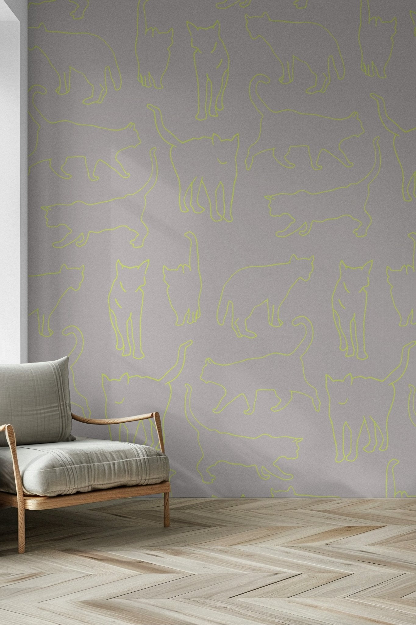 Electric Neon Cat Mural – Vibrant decorative wallpaper with glowing neon cats for modern and playful interiors.