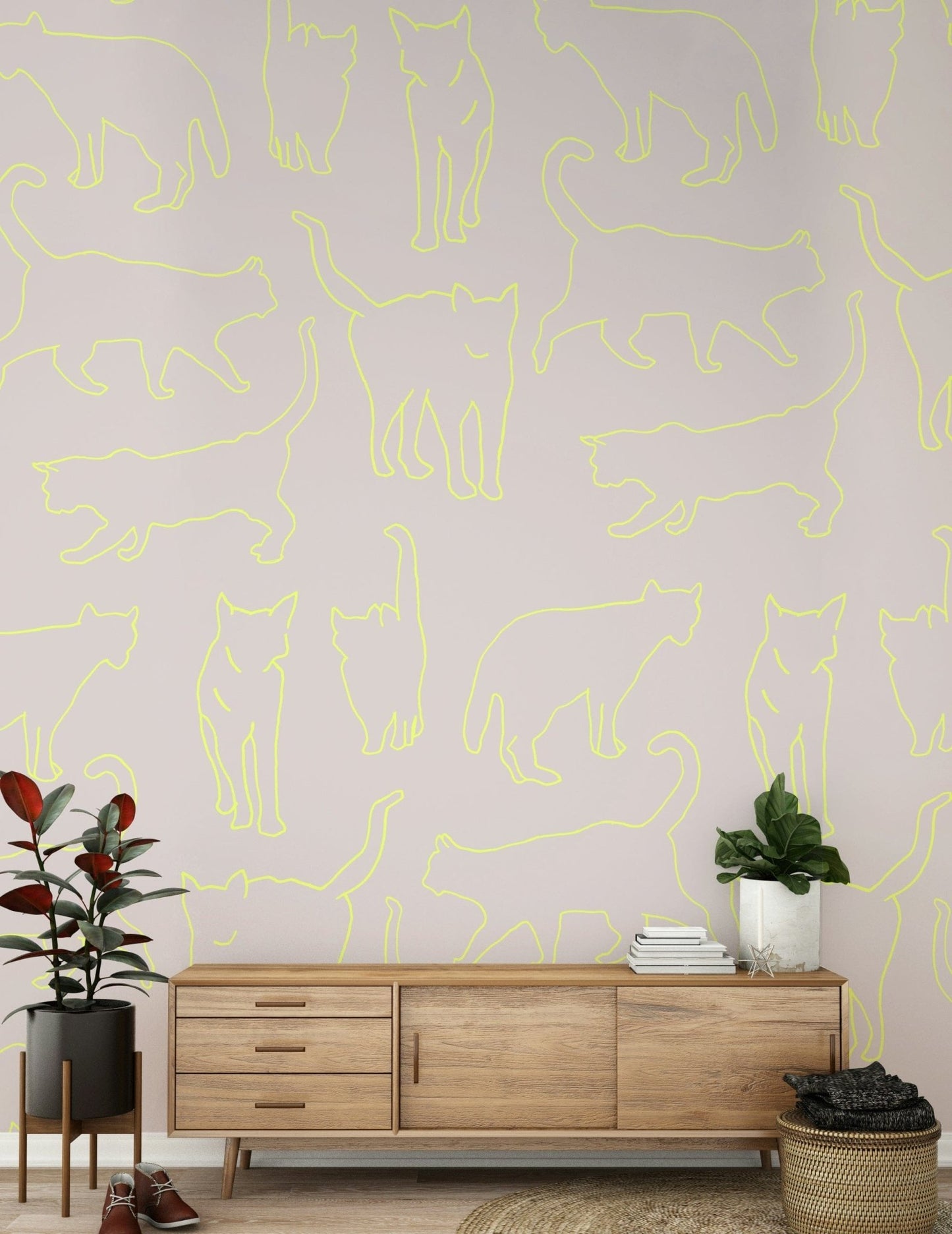 Colorful Neon Cat Wall Mural – Eye-catching wallpaper with bright neon cat designs against a dark background.