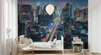 Amazing wall mural, city light trails, glimmering building array.