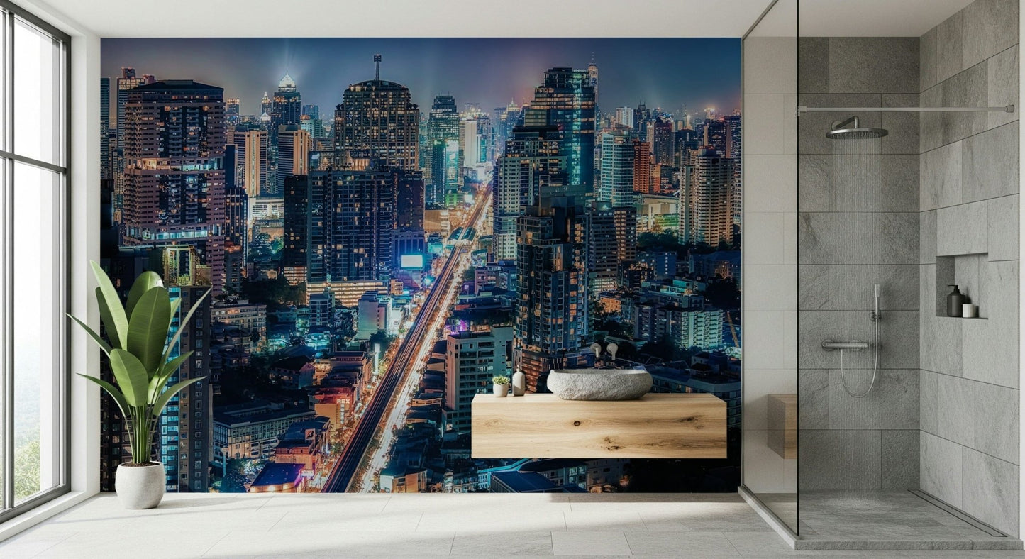 Dazzling street lights, night cityscape view wall mural art design.