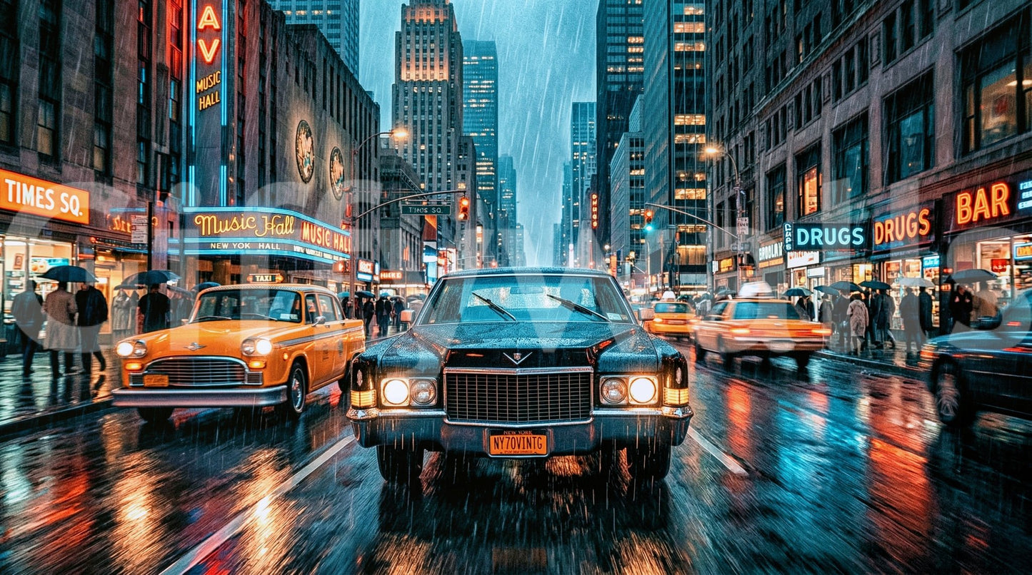 Night city wall mural with neon glow and busy traffic