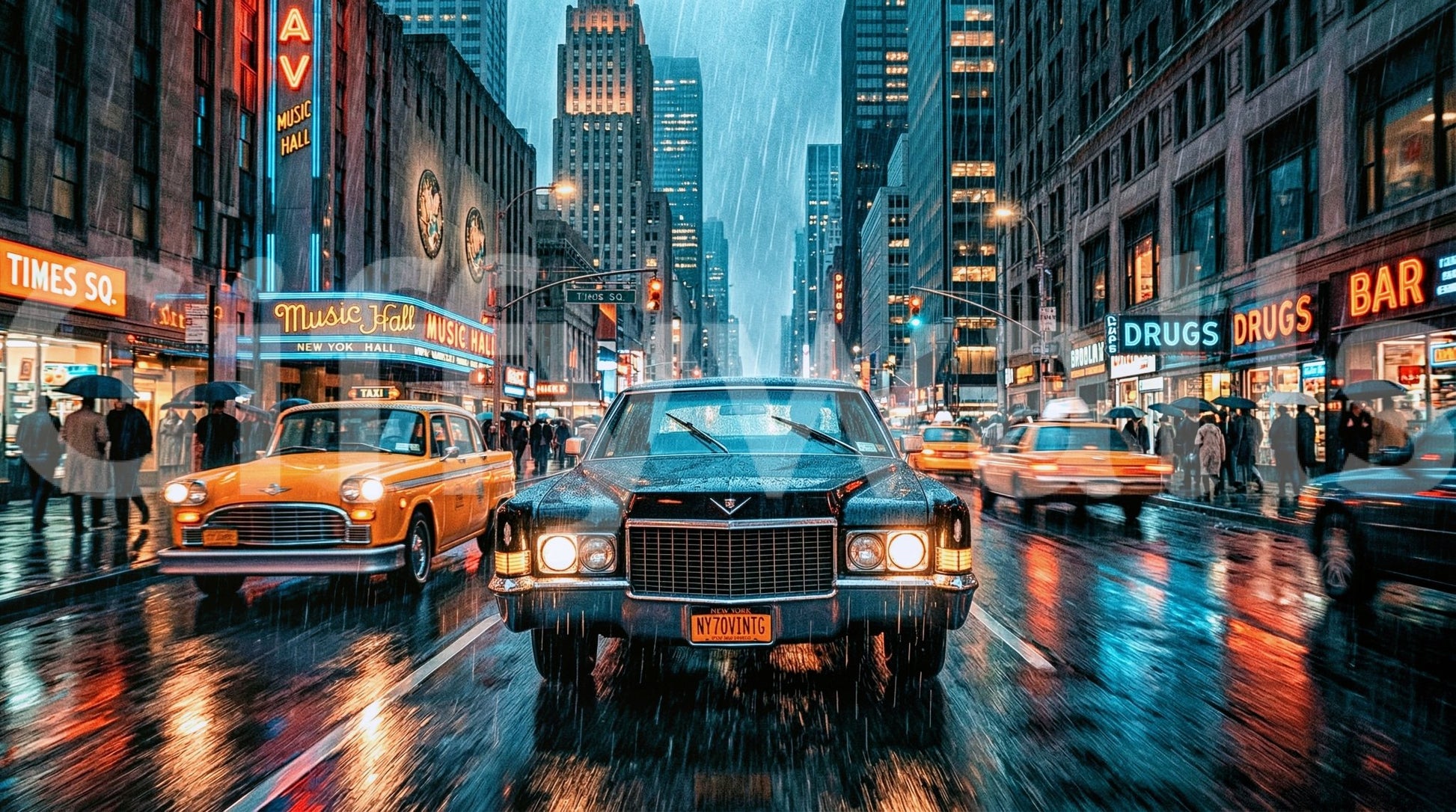 Night city wall mural with neon glow and busy traffic