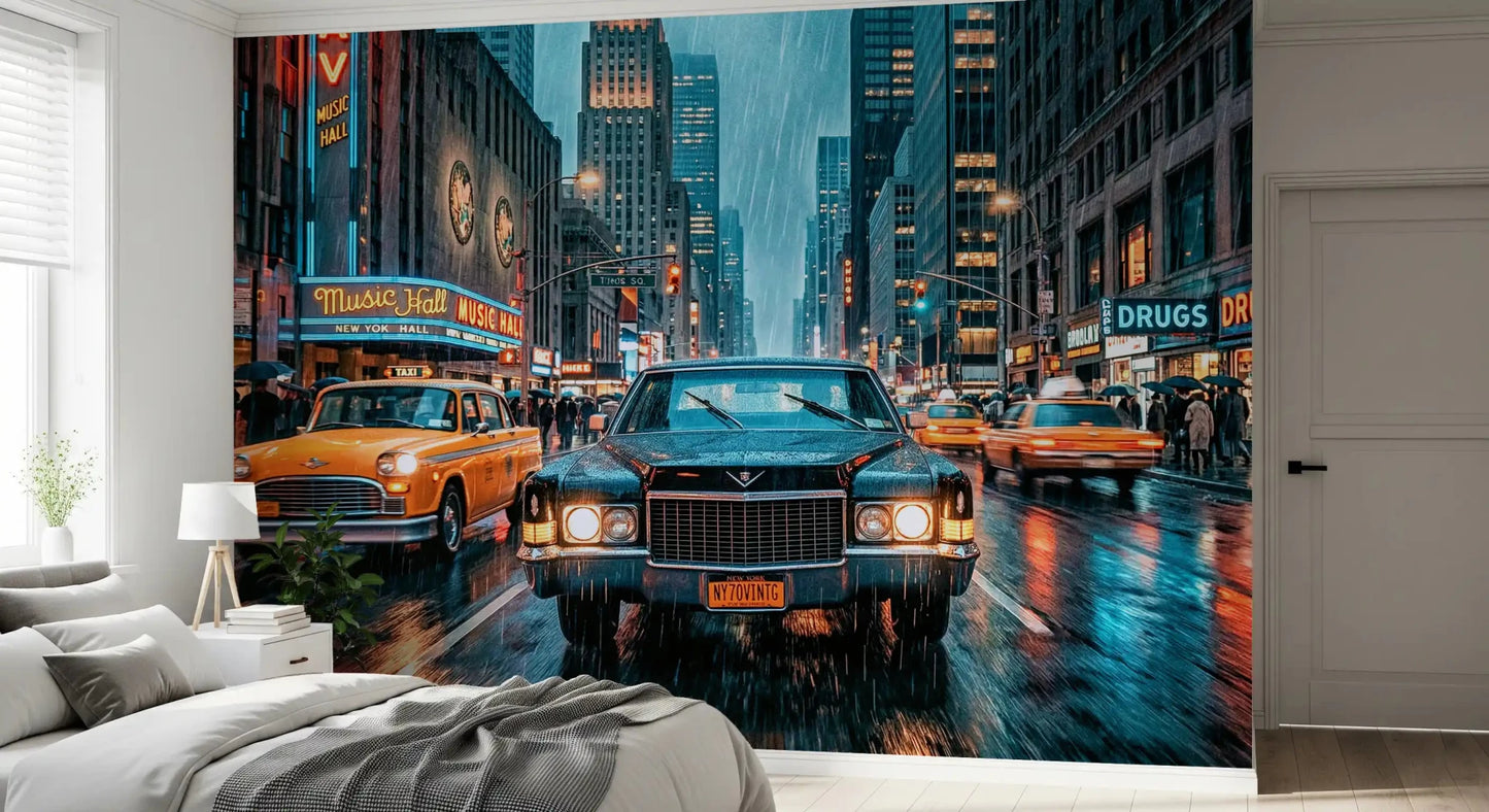 Bedroom Neon Rain in the City wall mural with NYC street view