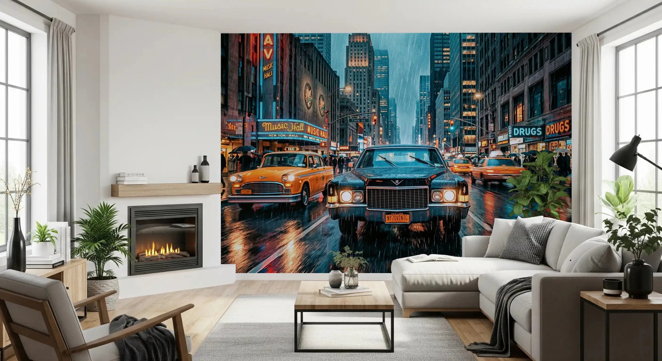 Living room NYC neon rain wall mural with taxis and city lights