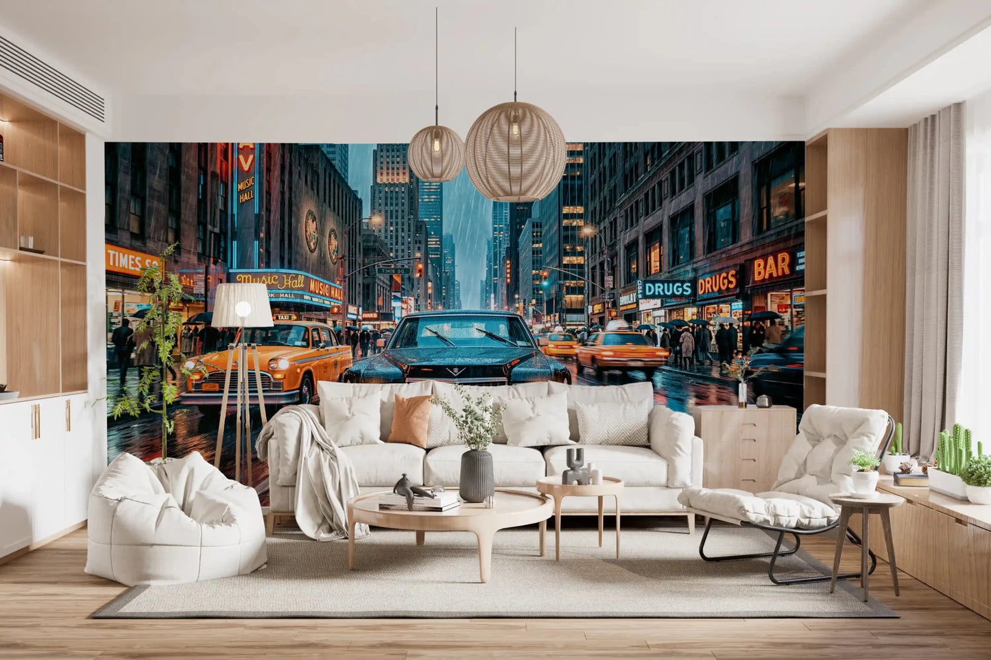 Rainy NYC street wall mural with neon lights and traffic