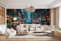 Rainy NYC street wall mural with neon lights and traffic