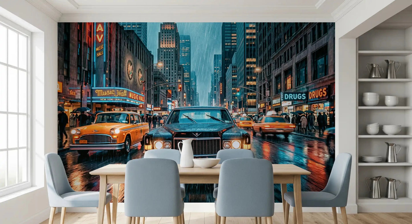 Dining room neon NYC street wall mural with rainy traffic