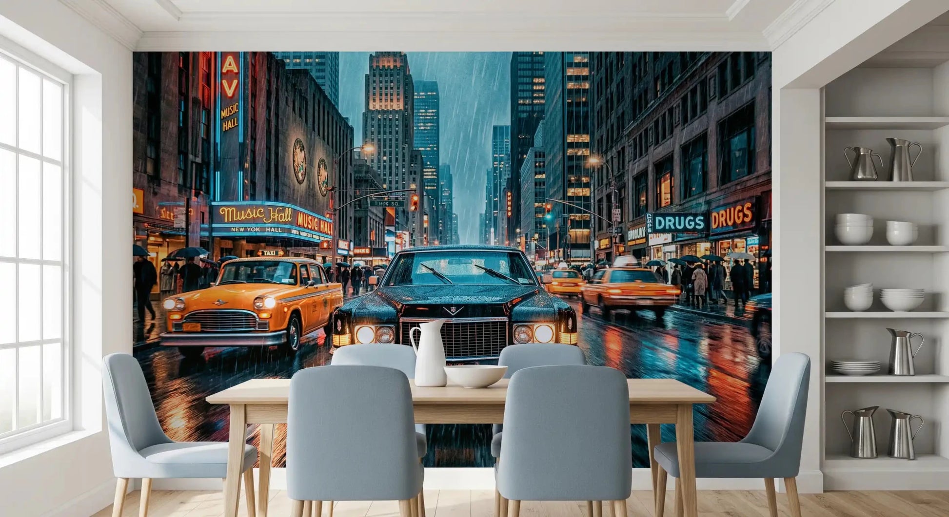 Dining room neon NYC street wall mural with rainy traffic